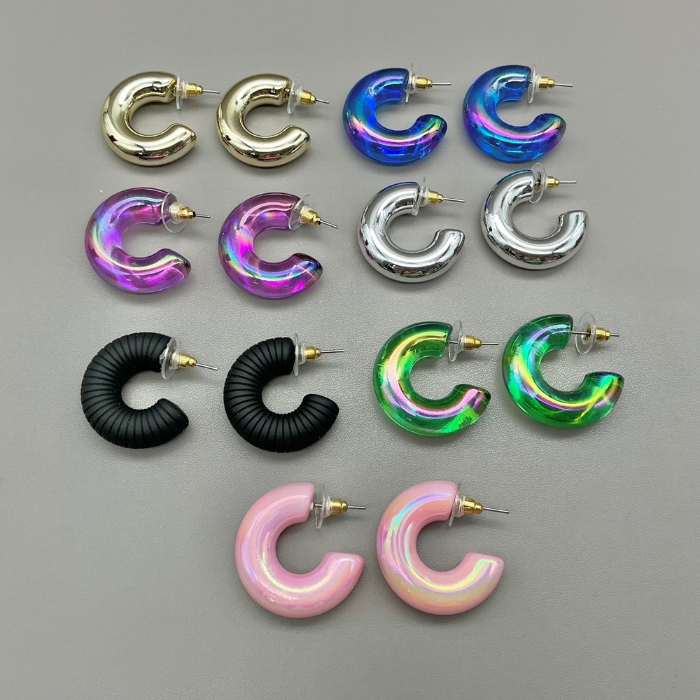 Chunky Hoop Earrings Set Women Multicolor Iridescent Gold Silver Black 7 Pairs